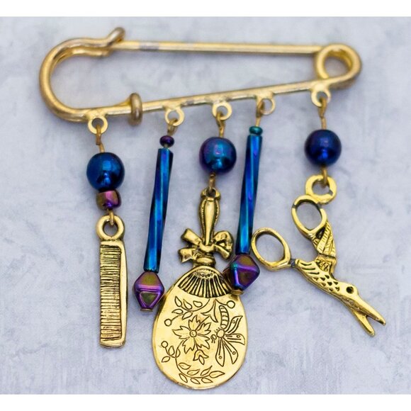Vintage Victorian Charm Gold Tone Blue Bohemian Unique Clip - CH1 - Picture 2 of 3